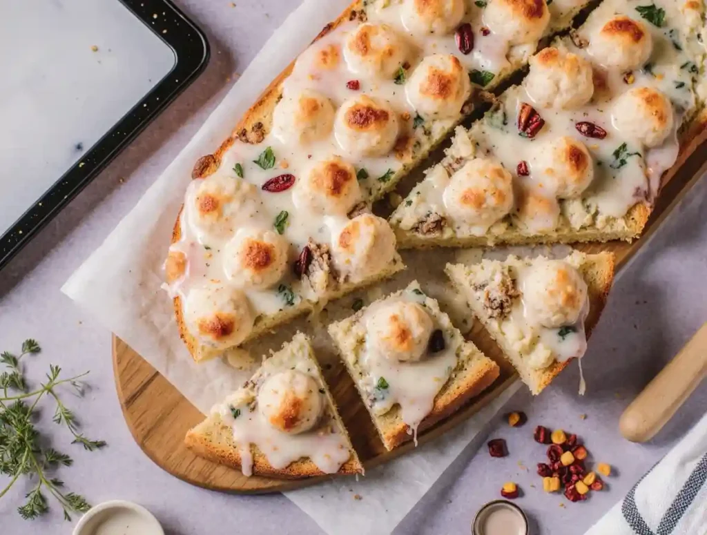 Crispy on the outside and soft on the inside, this garlic bread loaf is stuffed with rich Alfredo goodness.