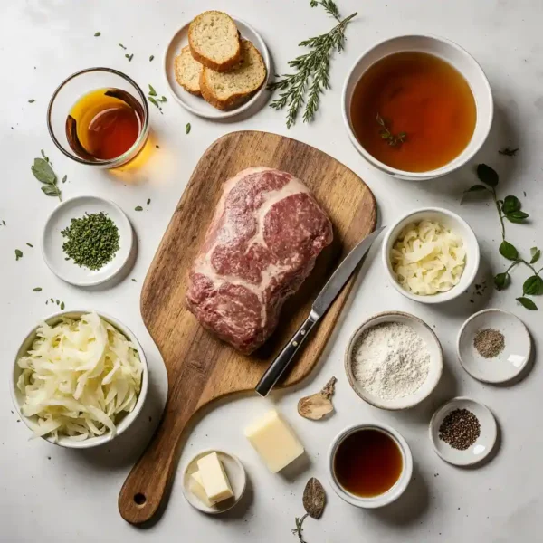 Raw ingredients for French onion pot roast including beef chuck roast, onions, garlic, broth, and herbs.
