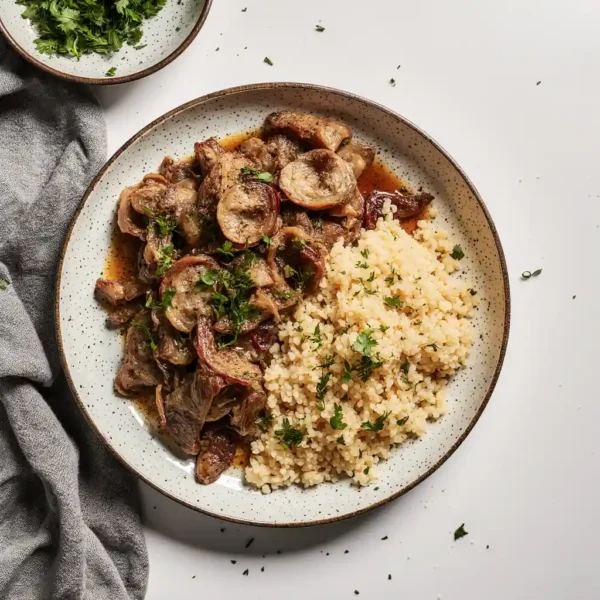 A hearty plate featuring slices of melt-in-your-mouth beef, rich onion gravy, and a side