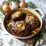 A hearty plate featuring of melt-in-your-mouth beef, rich onion gravy