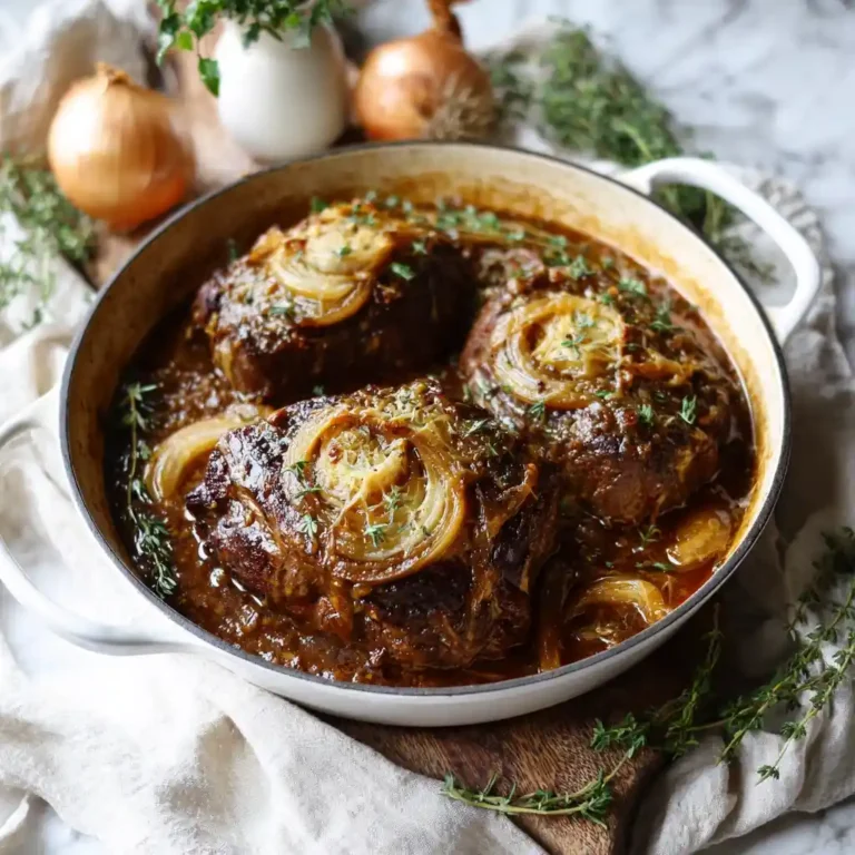 A hearty plate featuring of melt-in-your-mouth beef, rich onion gravy