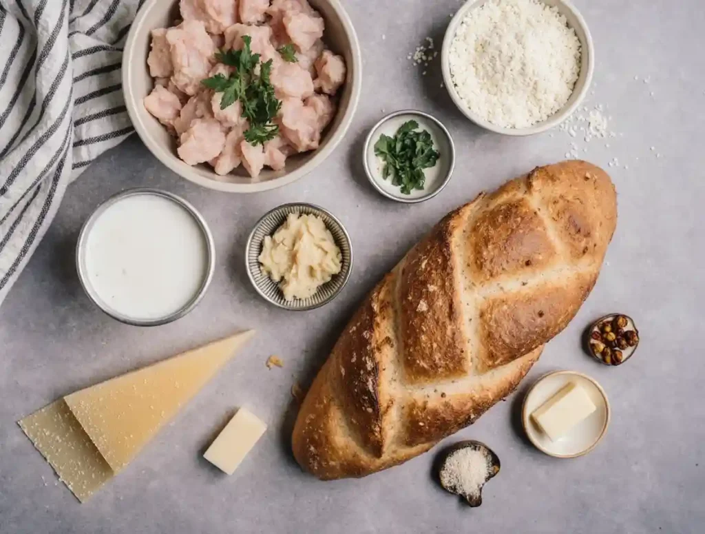 Ingredients for Chicken Alfredo Garlic Bread arranged on a kitchen counter