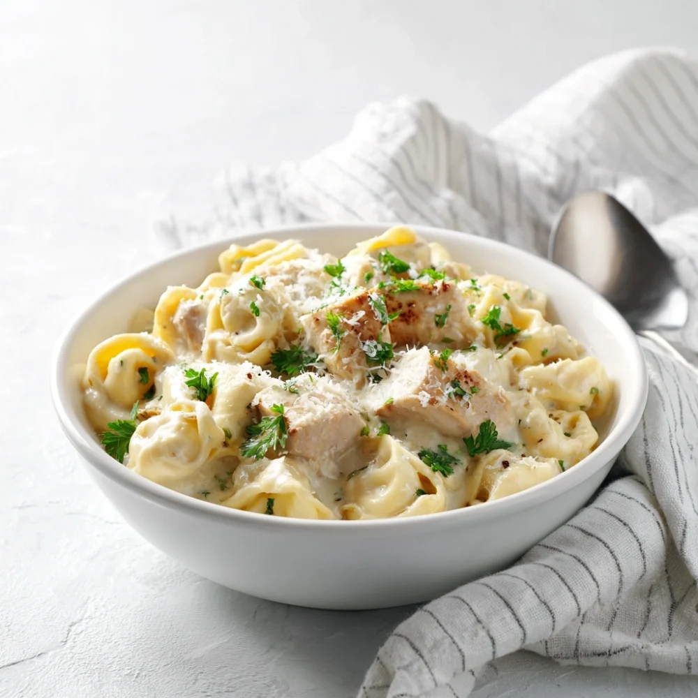 Alfredo Tortellini Chicken  coated in rich garlic-butter Alfredo sauce with parsley and Parmesan