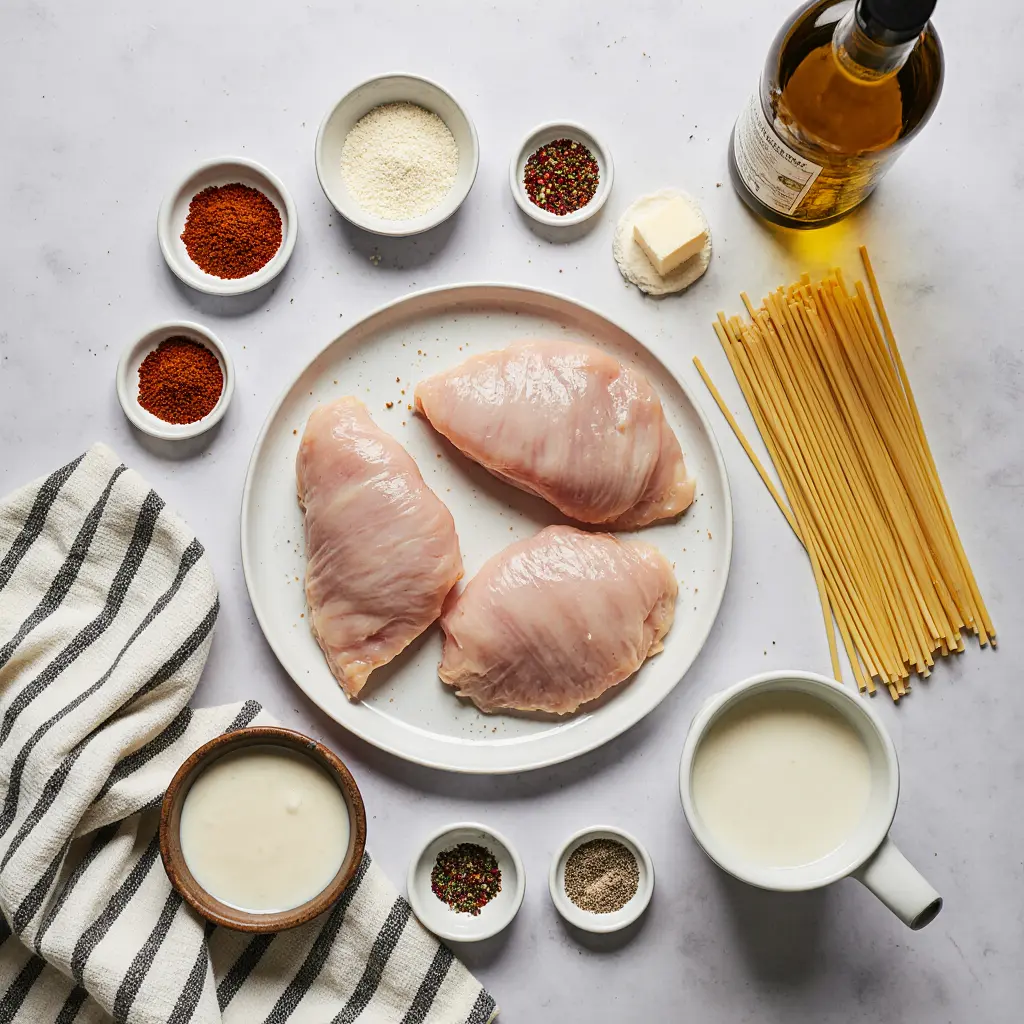 Ingredients of fettuccine Alfredo topped with sliced blackened chicken breast.