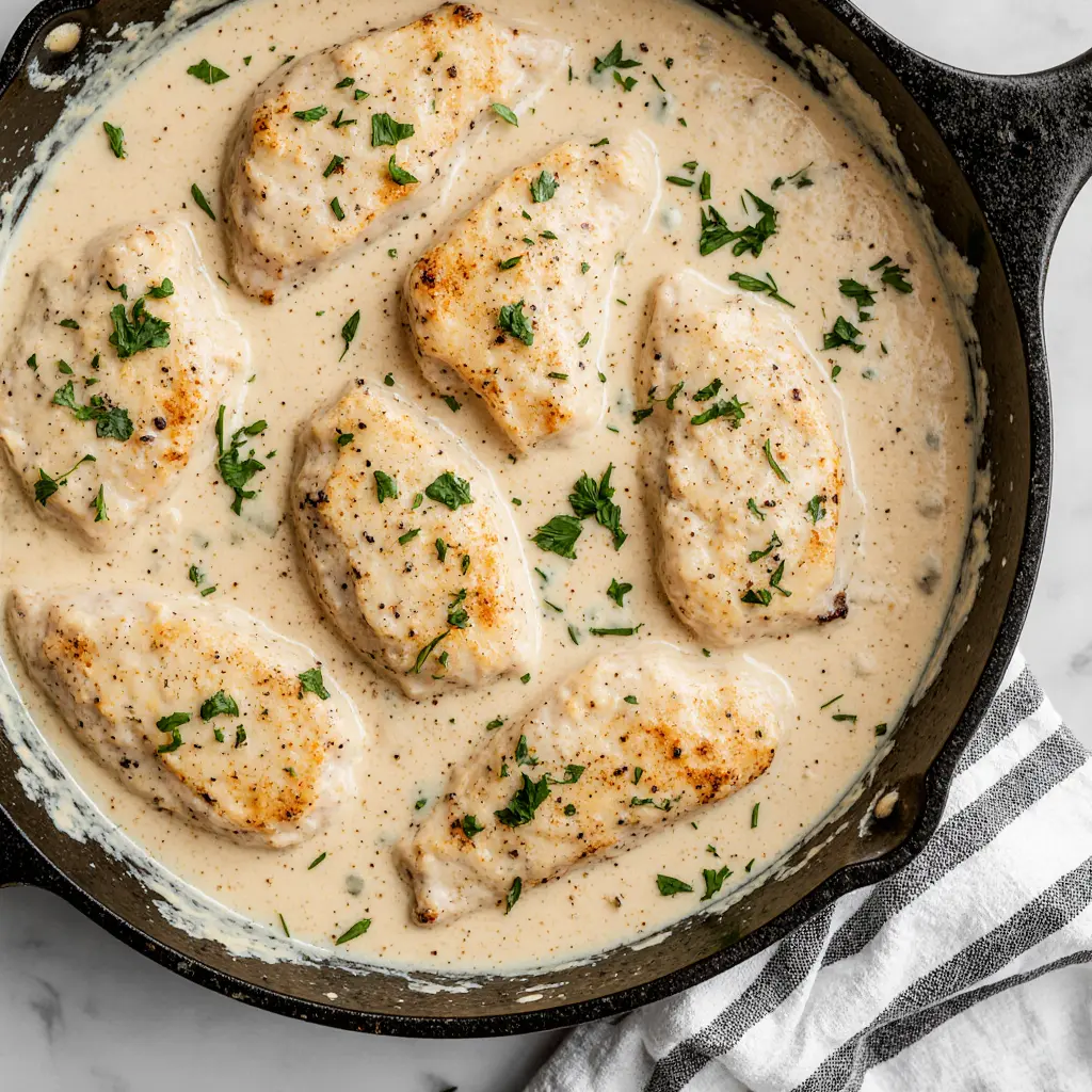A close-up of creamy skillet Alfredo topped with sliced blackened chicken breast.