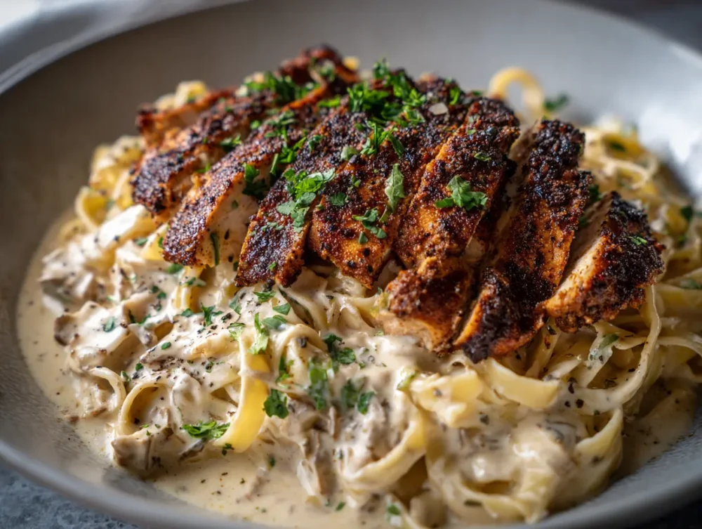 Blackened chicken served over creamy Alfredo fettuccine for a bold, comforting dinner.