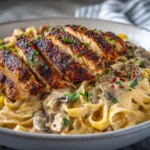 Creamy blackened chicken Alfredo with sliced seasoned chicken over fettuccine pasta