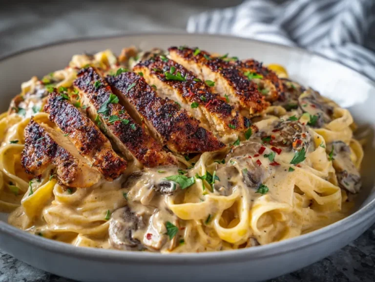 Creamy blackened chicken Alfredo with sliced seasoned chicken over fettuccine pasta
