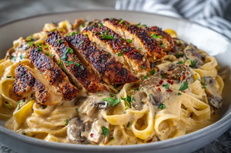 Creamy blackened chicken Alfredo with sliced seasoned chicken over fettuccine pasta