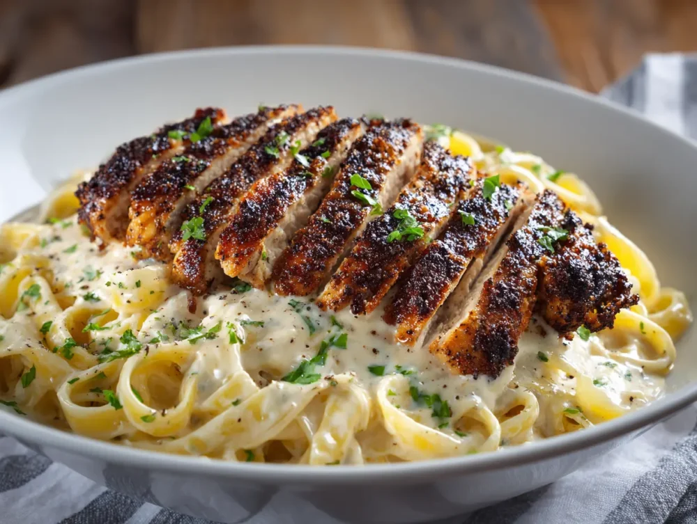 creamy Blackened Chicken Alfredo with juicy seasoned chicken