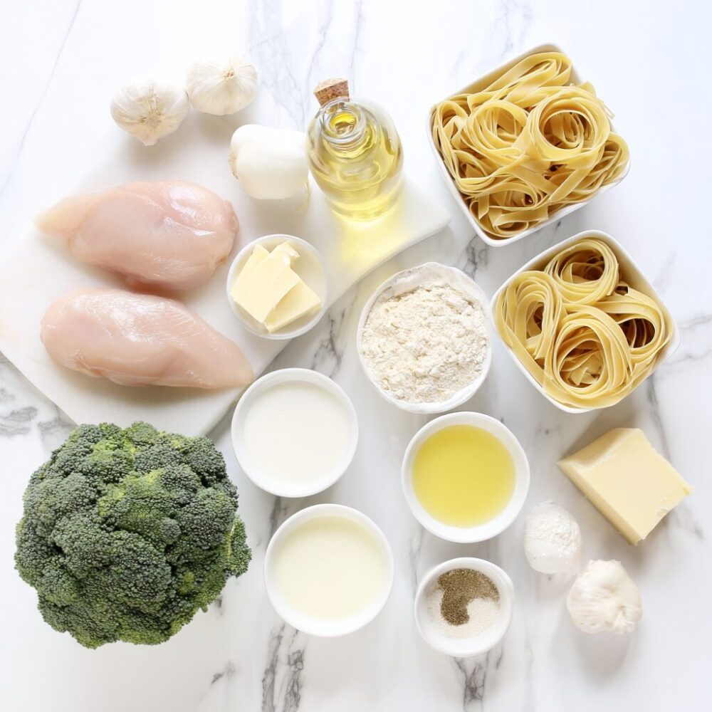 Ingredients of creamy fettuccine Alfredo topped with sliced chicken breast and tender green broccoli.