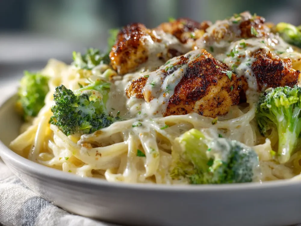 eamy fettuccine Alfredo topped with sliced chicken breast and tender green broccoli.