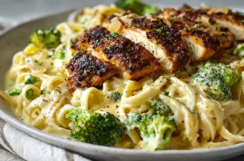 Creamy chicken Alfredo with broccoli and fettuccine pasta in a white bowl.