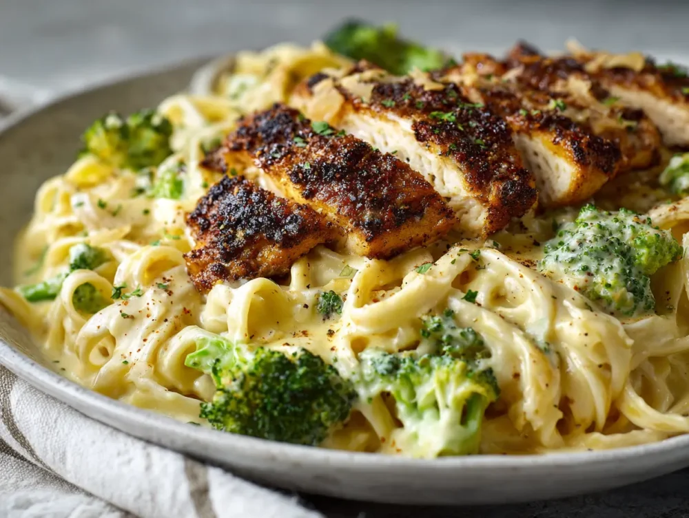 Creamy chicken Alfredo with broccoli and fettuccine pasta in a white bowl.