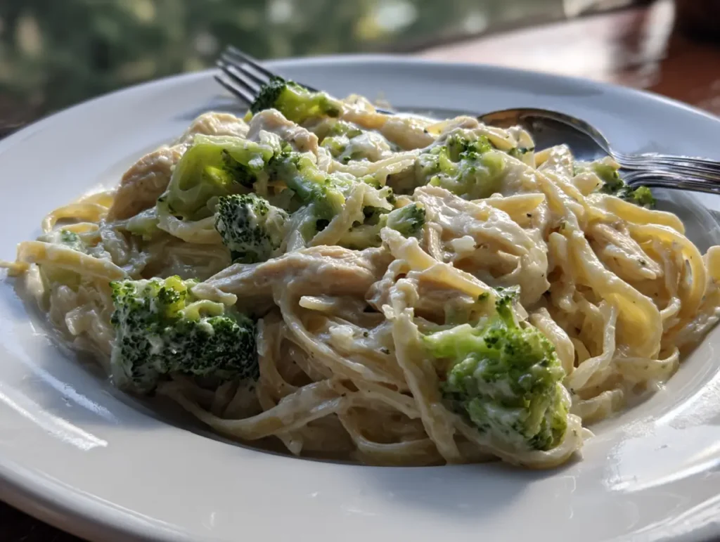 A comforting bowl of creamy chicken Alfredo mixed with bright broccoli florets.