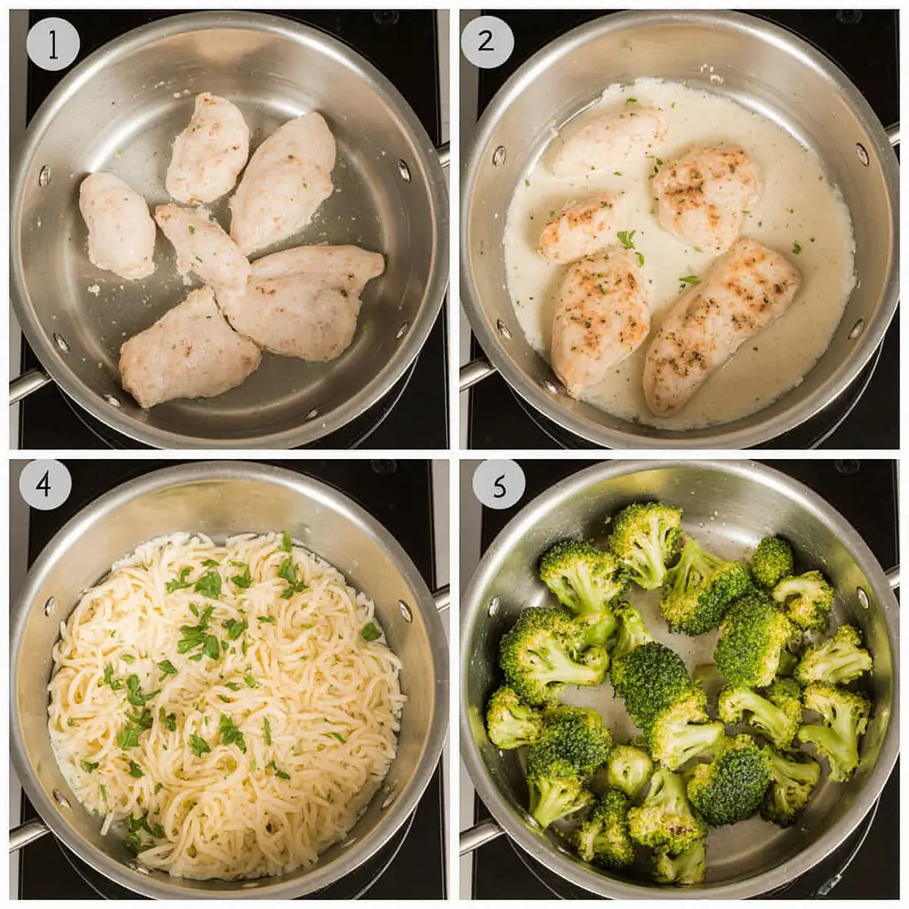 steps of preparing the Chicken Alfredo with Broccoli