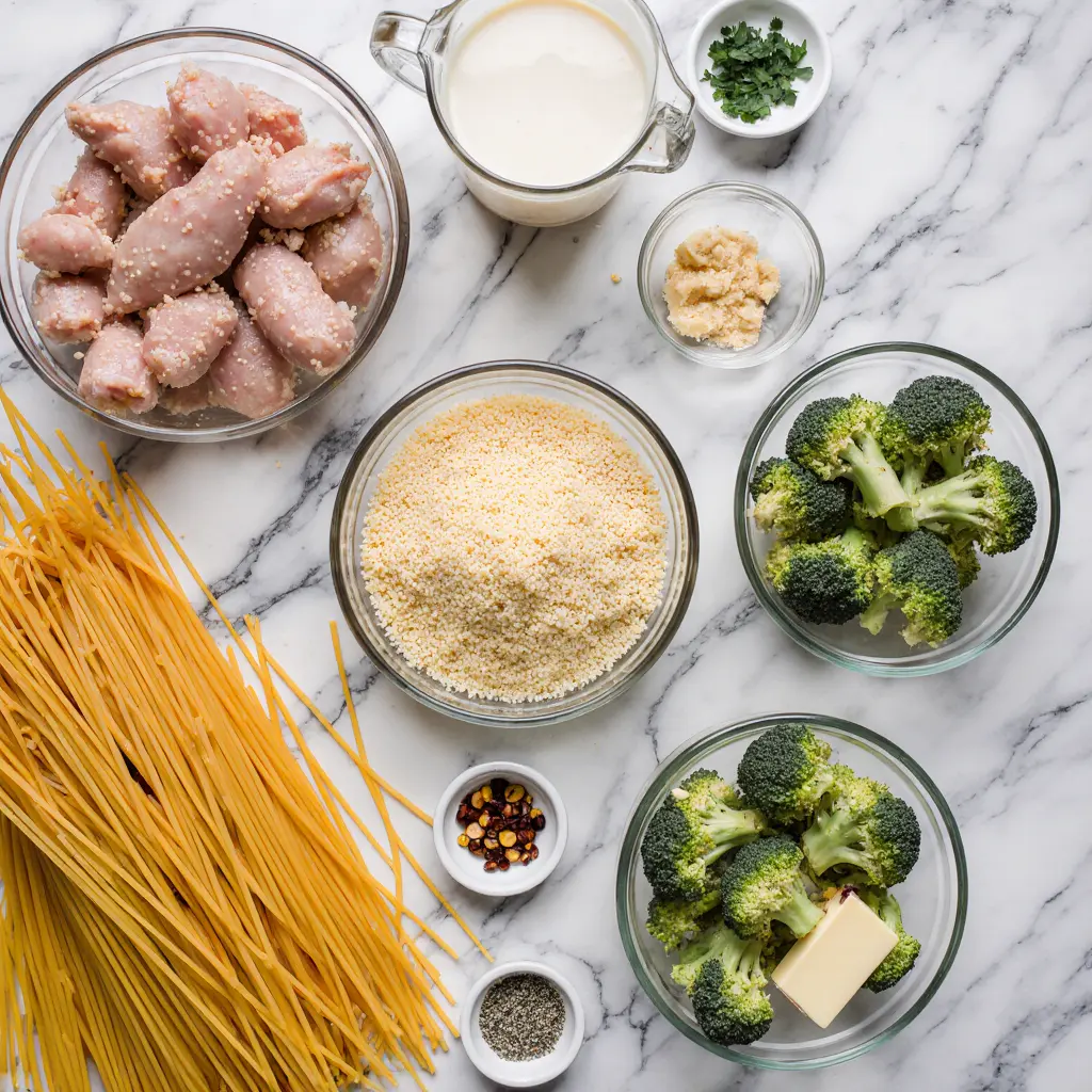 Ingredients of creamy fettuccine Alfredo topped with sliced chicken breast and tender green broccoli.