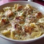 Olive Garden style Chicken Tortellini Alfredo with sliced chicken and creamy Alfredo sauce.