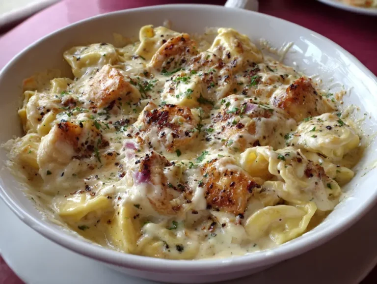 Olive Garden style Chicken Tortellini Alfredo with sliced chicken and creamy Alfredo sauce.