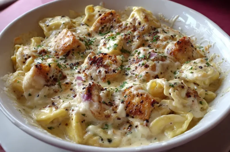 Olive Garden style Chicken Tortellini Alfredo with sliced chicken and creamy Alfredo sauce.