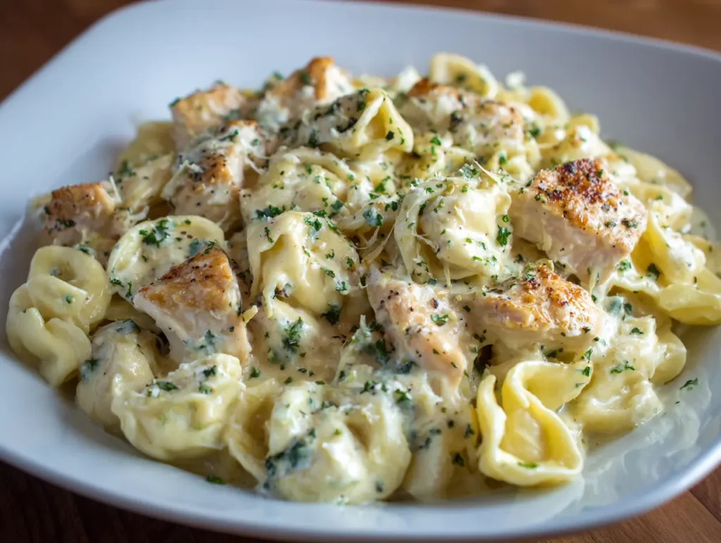 Creamy Olive Garden style Chicken Tortellini Alfredo topped with tender chicken slices.