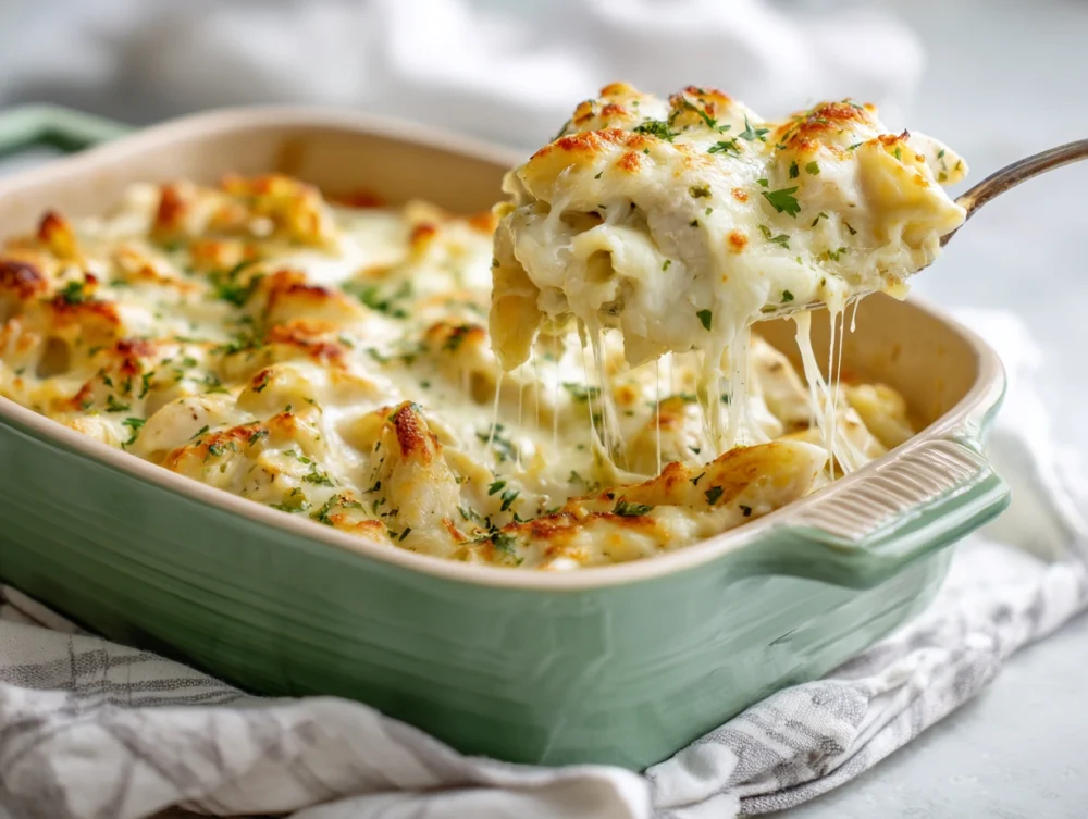 chicken alfredo in green plat