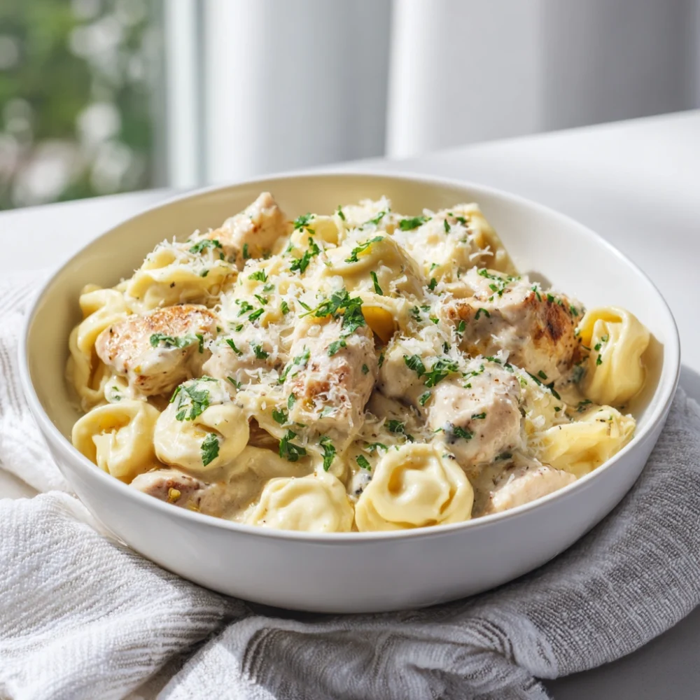 Alfredo Tortellini Chicken served with creamy Parmesan sauce