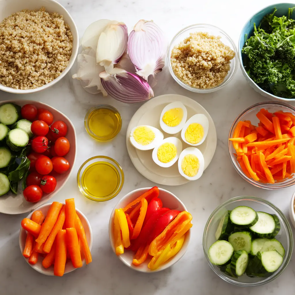 quinoa veggie power bowl ingredients fresh and healthy