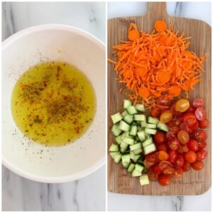 mixing quinoa with fresh vegetables for healthy lunch bowl