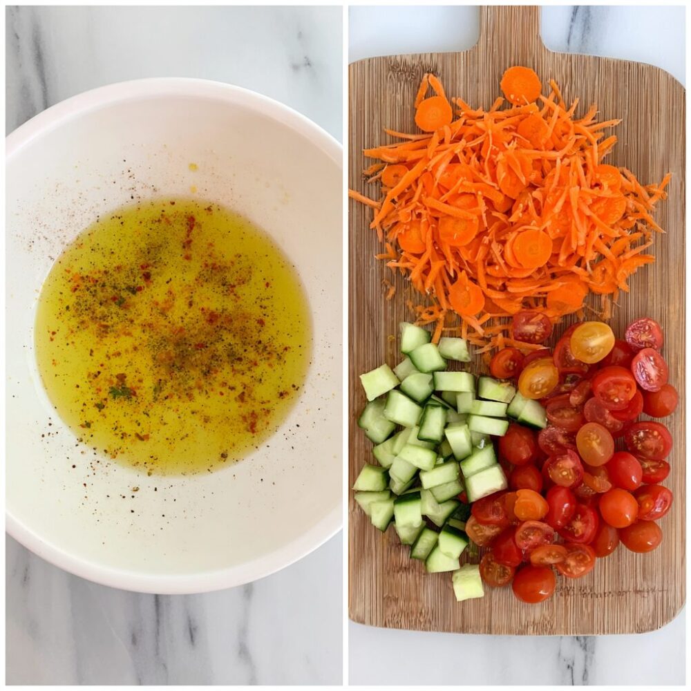mixing quinoa with fresh vegetables for healthy lunch bowl