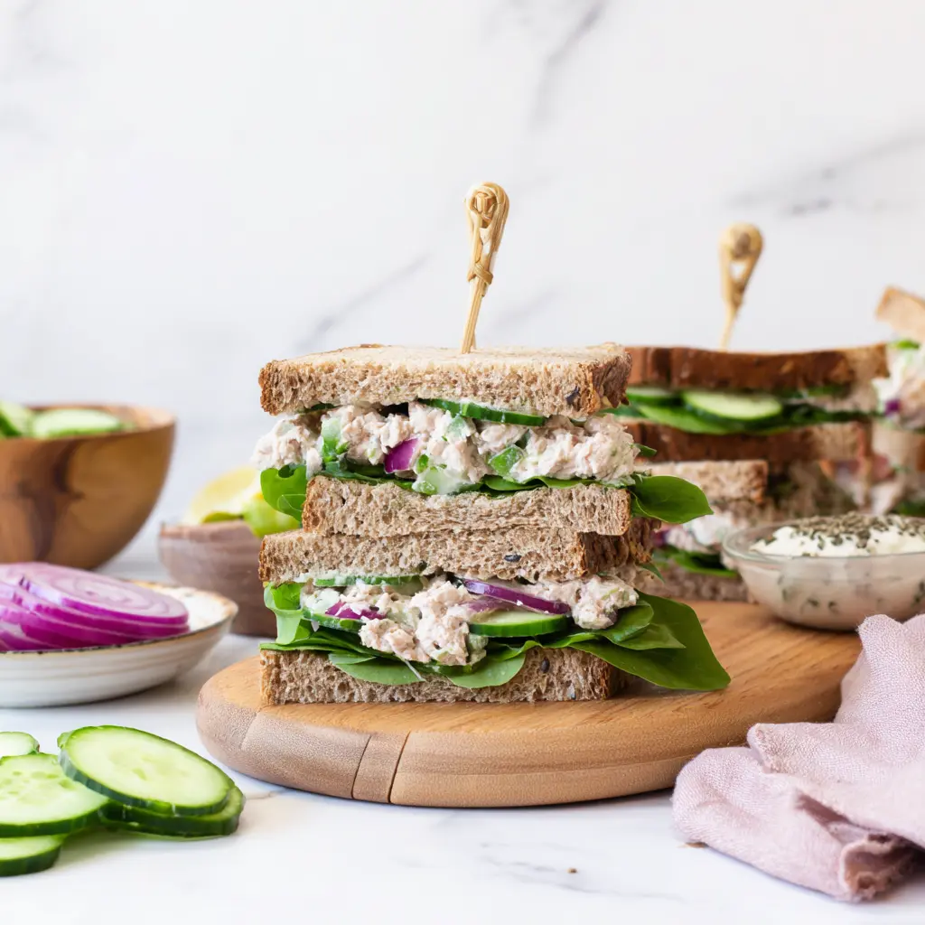 easy tuna cucumber sandwich with cucumber slices close up