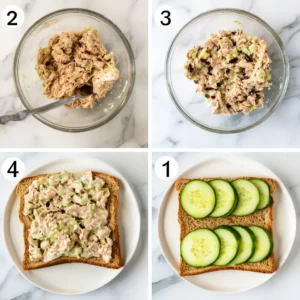 assembling tuna cucumber sandwich with fresh cucumber slices