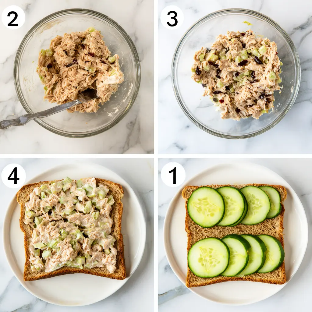 assembling tuna cucumber sandwich with fresh cucumber slices