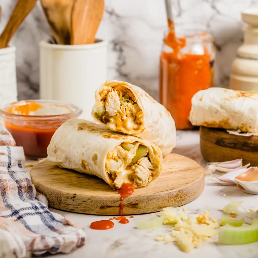 easy cheesy chicken wrap cut in half with melted cheese