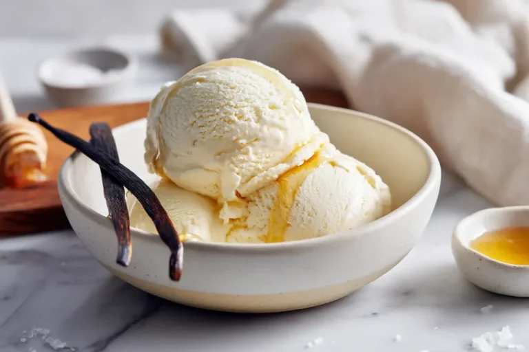 Scoops of ninja creami vanilla ice cream recipe served in a cream bowl with a honey drizzle on a marble bench.
