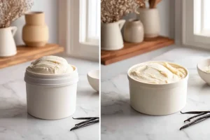 Ninja creami vanilla ice cream recipe pint container filled and ready to freeze .