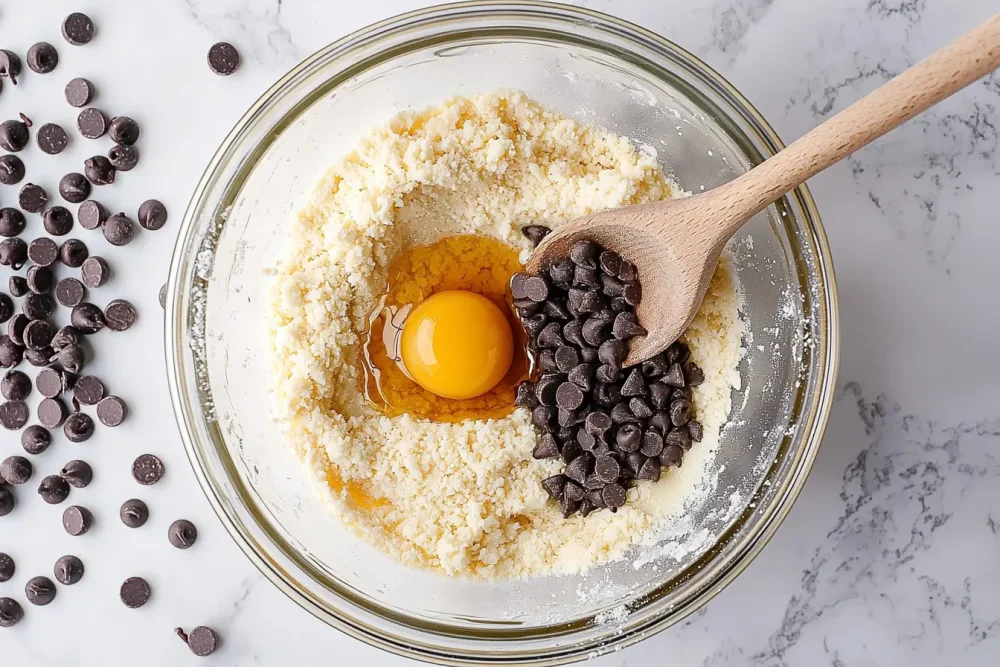 p mixing process for the almond flour cookie recipe showing wet ingredients