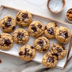 Freshly baked almond flour cookie recipe stacked on a white ceramic plate with a chewy golden centre visible.