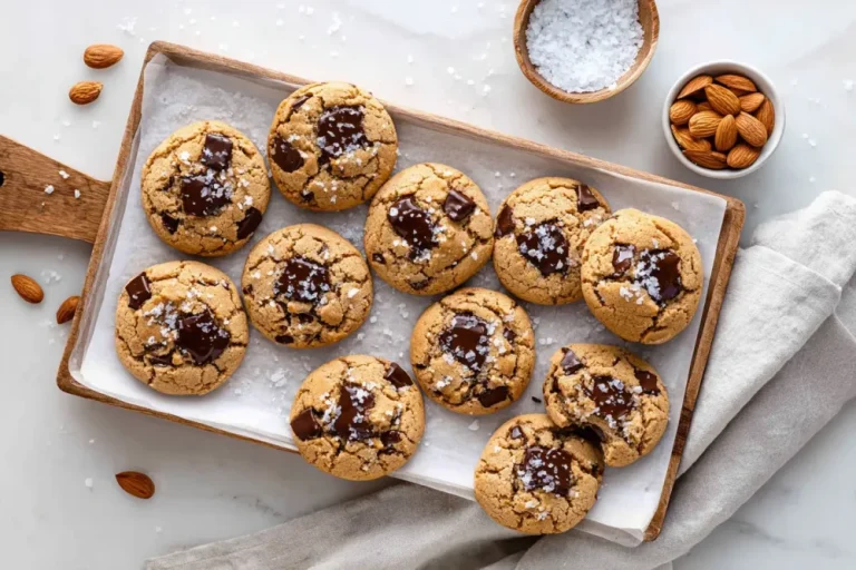 Freshly baked almond flour cookie recipe stacked on a white ceramic plate with a chewy golden centre visible.
