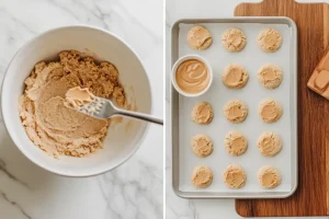 Two-step process for almond flour peanut butter cookies showing mixed dough in a bowl and pressed rounds on a baking tray.
