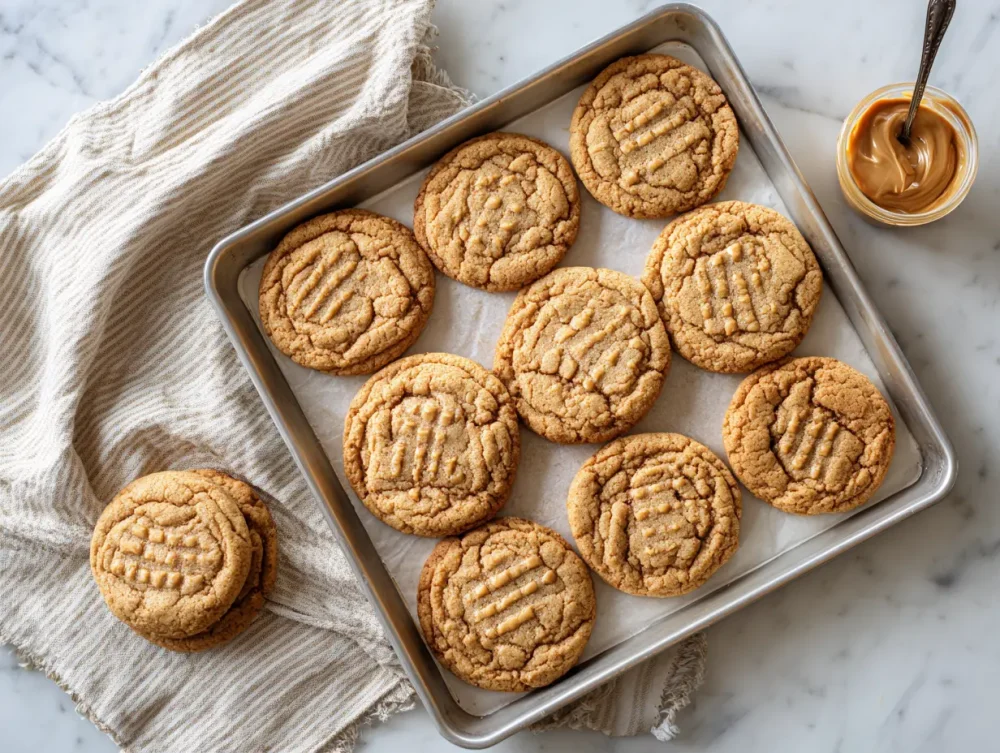 almond flour peanut butter cookies fresh from the oven, showing that classic fork-press crosshatch and a scatter of flaky salt