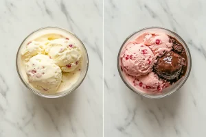 strawberry Ninja Creami ice cream and vanilla cheesecake , one of the best ninja creami recipes for entertaining.
