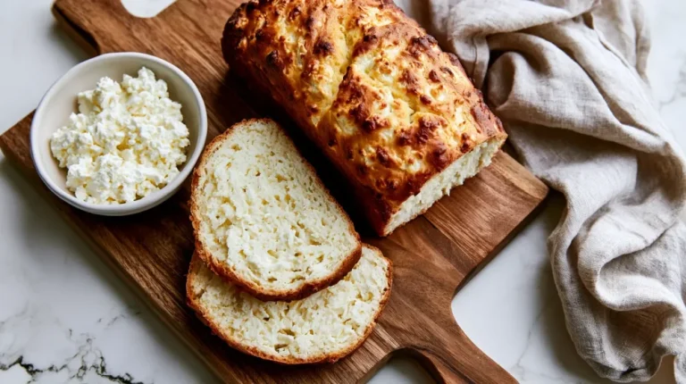 Sliced bread using cottage cheese on a marble bench with a soft fluffy crumb and golden crust .