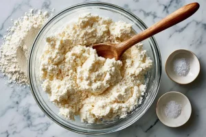 Shaggy cottage cheese bread dough in a mixing bowl