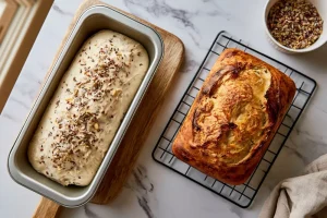 Two-step view of bread using cottage cheese, dough in the loaf tin then golden baked loaf cooling on a wire rack.