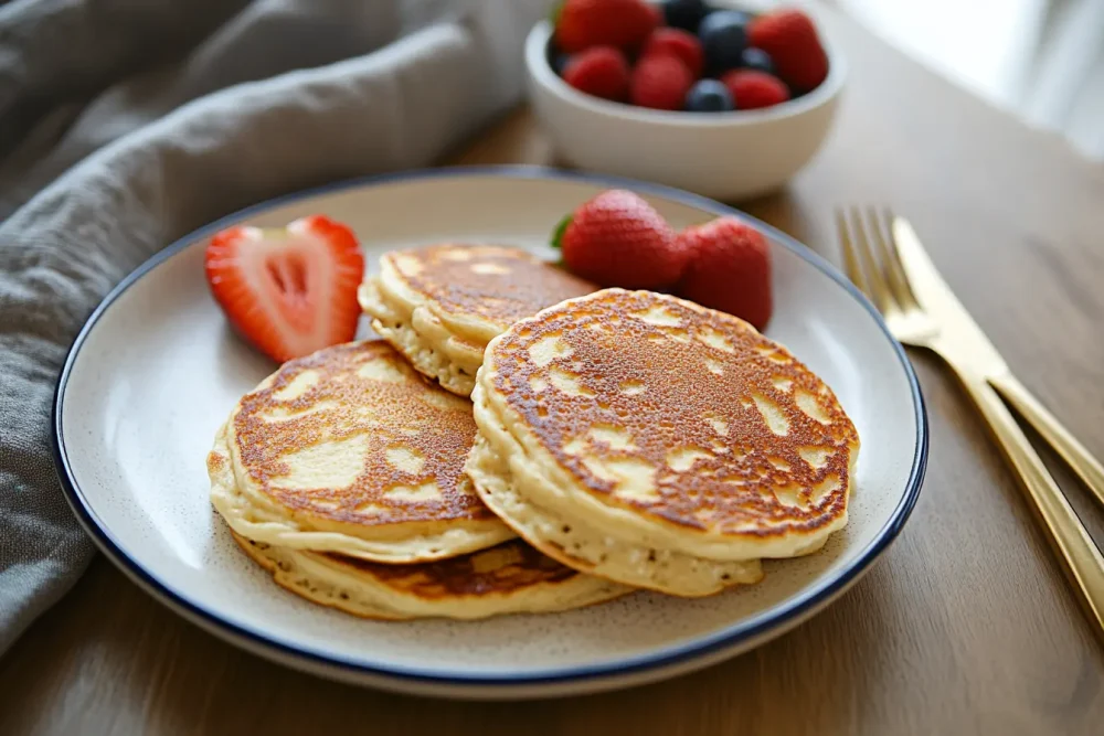A golden stack of cottage cheese pancakes topped with fresh strawberries