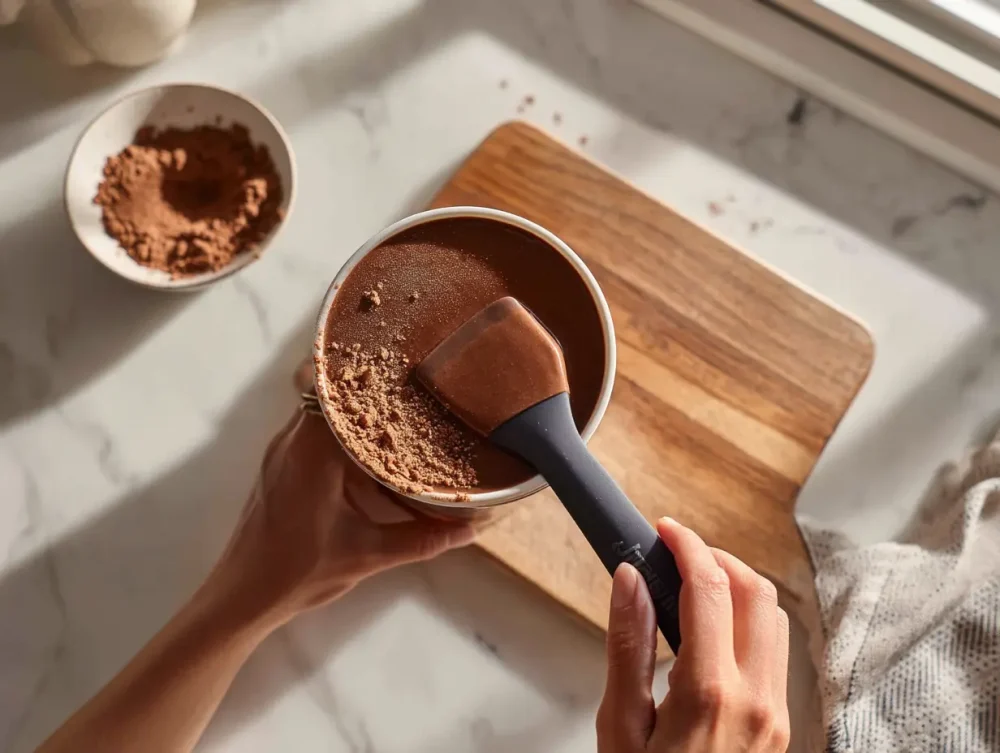 pint being filled with blended chocolate base as part of the creami recipes method.