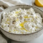 A bowl of fresh homemade cottage cheese with olive oil drizzle