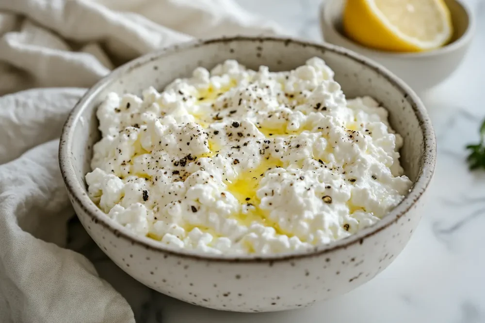 A bowl of fresh homemade cottage cheese with olive oil drizzle