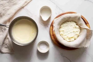 Milk cwo-step process showing curd formation and straining